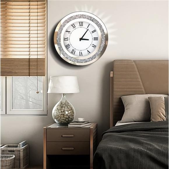 Silver Round Mirror Clock 12inch Crystal Sparkle Twinkle Bling Wall Clock - Picture 4 of 6